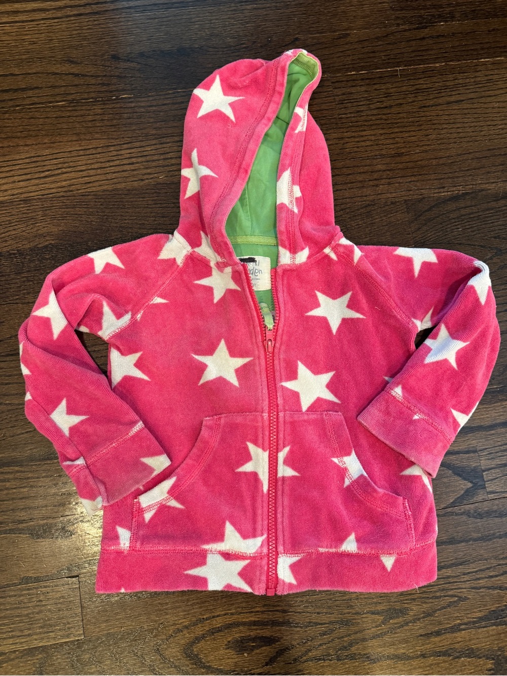 Mini Boden Terry Cloth Pink Star Print Kids Hooded Zip Jacket Size 3-4